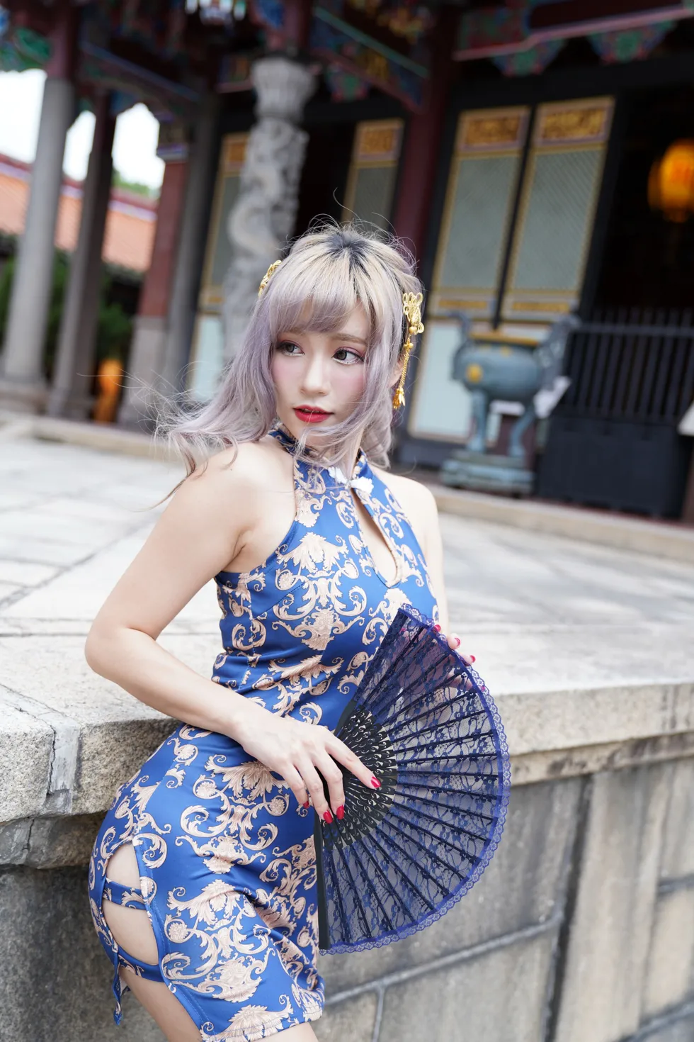 [Mzsock] NO.149 Xue Kaiyun blue flower short cheongsam with high heels and beautiful legs street photography#[105P]-91